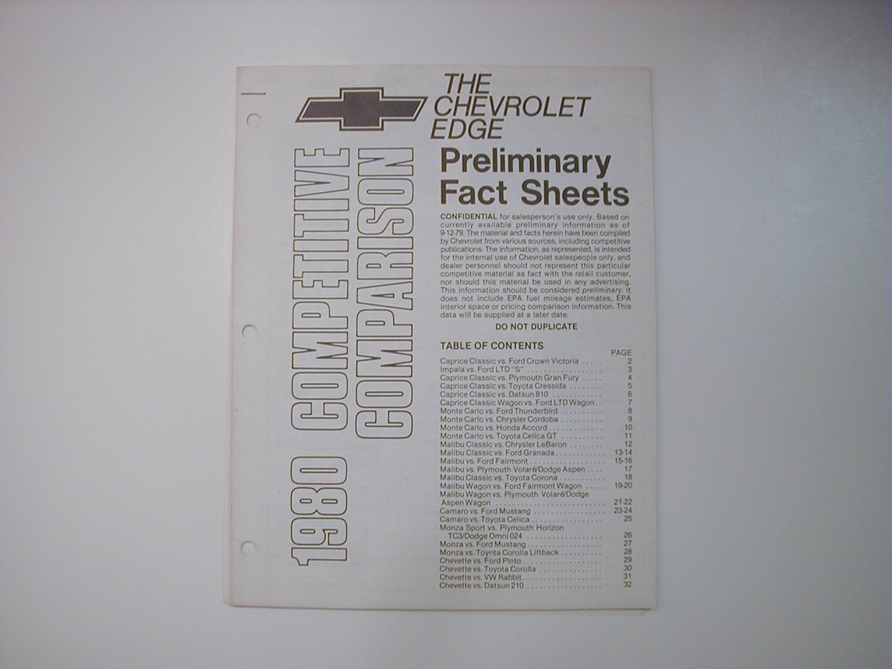 1980 The Chevrolet Edge Preliminary Fact Sheets - Click Image to Close